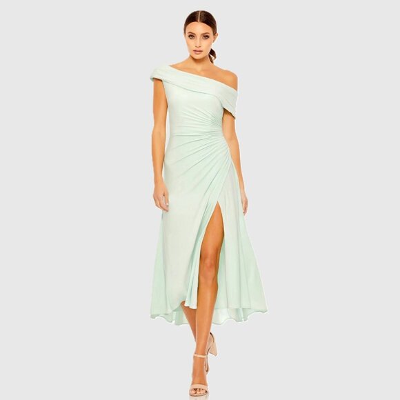 NWT Mac Duggal Ruched Off-The-Shoulder Midi Dress Mint 2 #A0550 - Picture 1 of 8